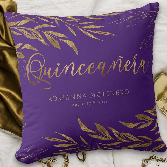 Elegant Purple Gold Leaf Personalised Quinceanera Cushion (Purple Quinceanera keepsake pillow from my Gold Leaf Quinceanera Collection)