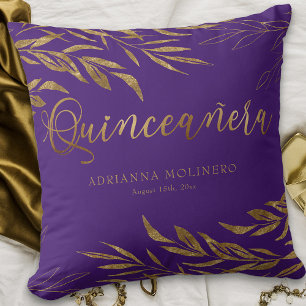 Elegant Purple Gold Leaf Personalized Quinceanera Cushion