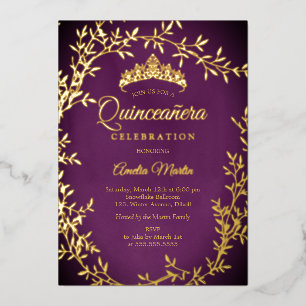 Elegant Purple Gold Leaf Wreath Quinceanera