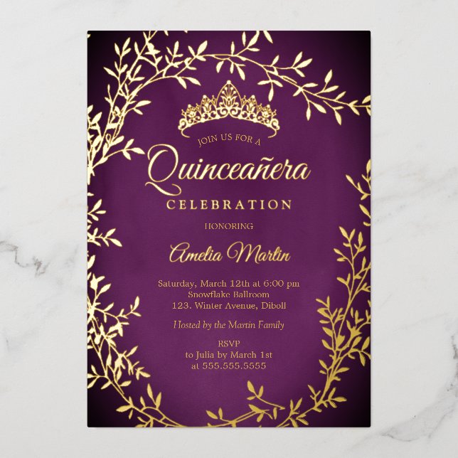 Elegant Purple Gold Leaf Wreath Quinceanera (Front)