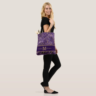 Elegant Purple Gold Leaves Monogram Name Tote Bag