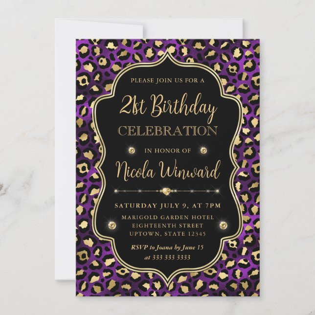 Elegant Purple Gold Leopard Print Birthday Invitation (Front)