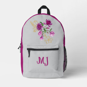 Elegant Purple & Gold Magnolia Floral Personalised Printed Backpack