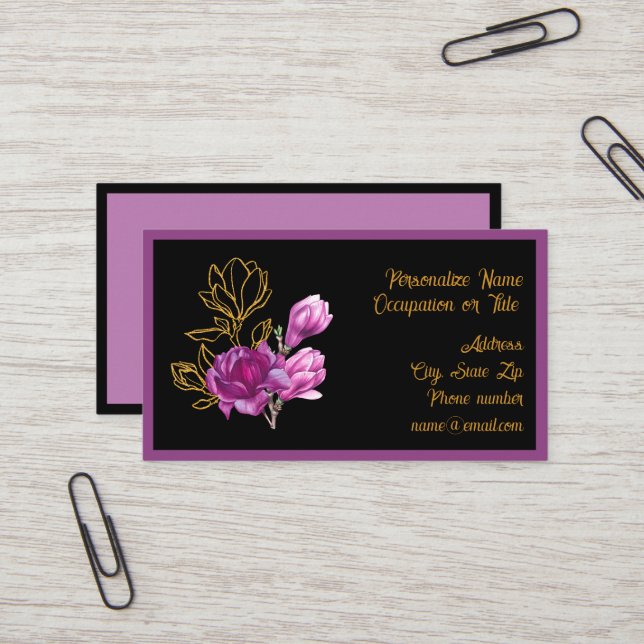 Elegant Purple Gold Magnolia Flower Business Card (Front/Back In Situ)
