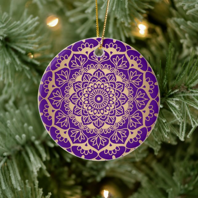 Elegant Purple Gold Mandala Boho Chic Flower Ceramic Tree Decoration (Tree)