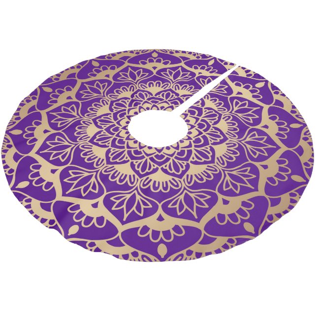 Elegant Purple Gold Mandala Flower Christmas Brushed Polyester Tree Skirt (Angled)
