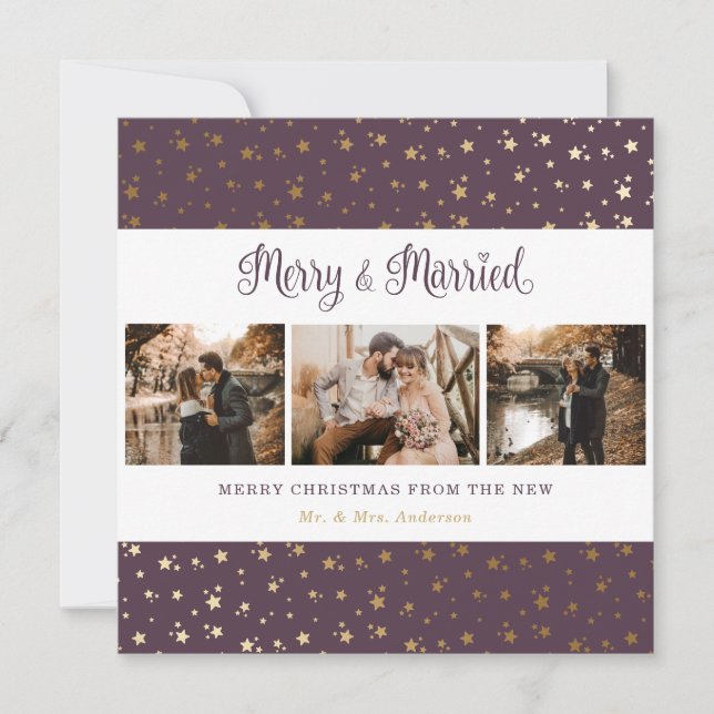 Elegant Purple Gold Merry and Married Christmas Holiday Card (Front)