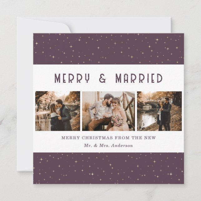 Elegant Purple Gold Merry and Married Christmas Holiday Card (Front)