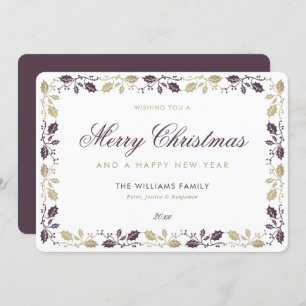 Elegant Purple Gold Merry Christmas Happy New Year Holiday Card