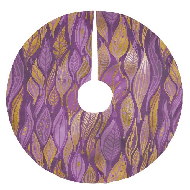 Elegant Purple Gold Metallic Shiny Foliage Pattern Brushed Polyester Tree Skirt (Front)