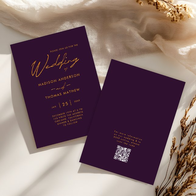 Elegant Purple Gold Modern Typography RSVP Wedding Invitation (Front / Back)