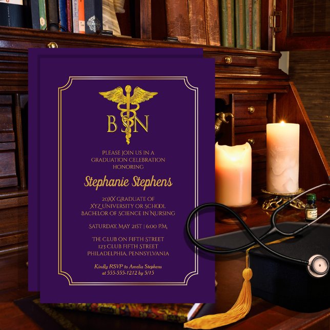 Elegant Purple | Gold Nurse BSN Graduation Party Invitation (Creator Uploaded)