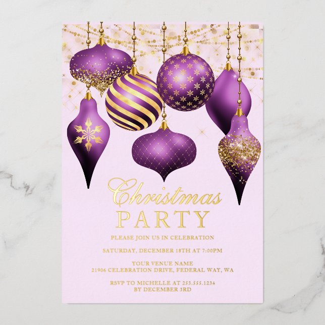 Elegant Purple Gold Ornaments Christmas Party (Front)
