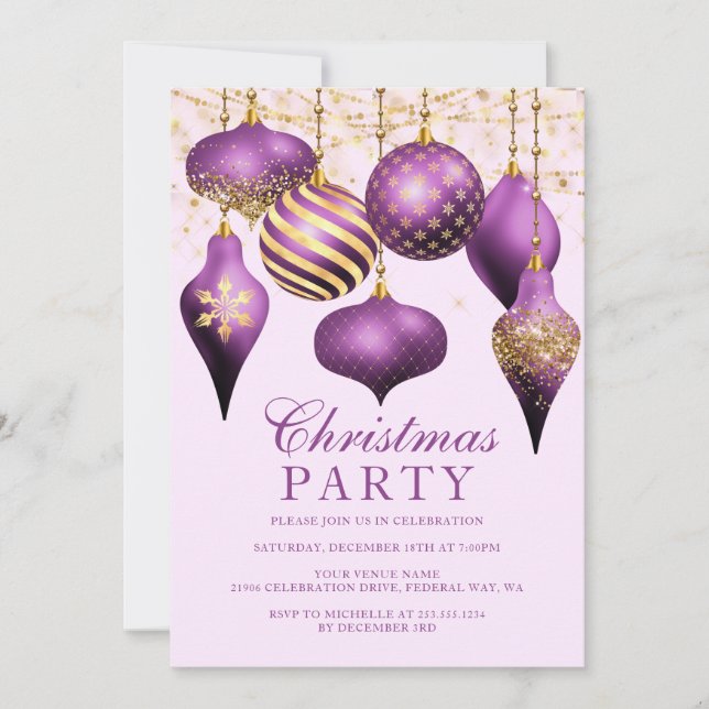 Elegant Purple Gold Ornaments Christmas Party Invitation (Front)