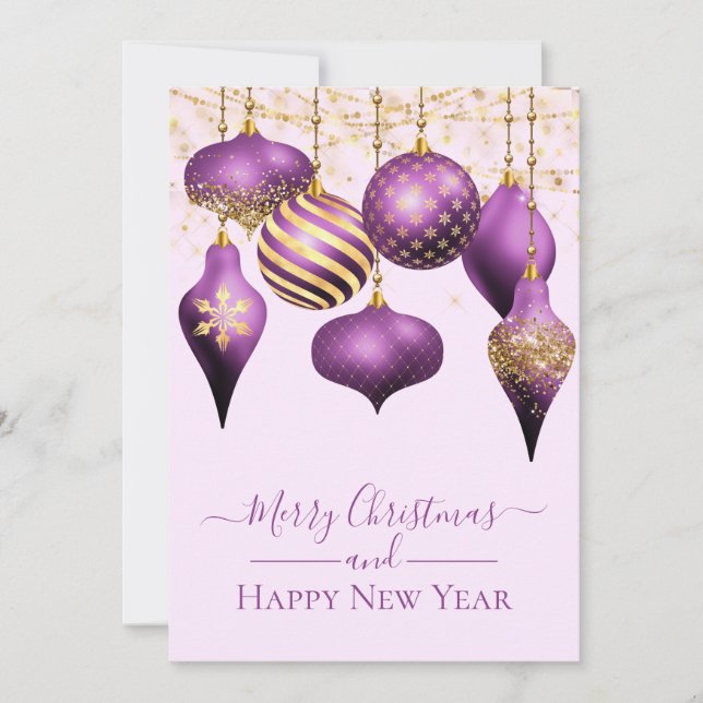 Elegant Purple Gold Ornaments Merry Christmas Card (Front)