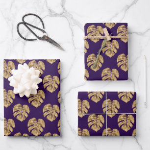 Elegant Purple Gold Palm Leaf Pattern Wrapping Paper Sheet