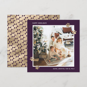 Elegant Purple Gold Paw Photo Happy Howlidays Holiday Card