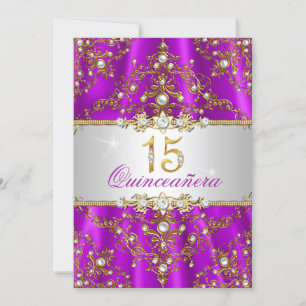 Elegant Purple Gold Pearl Damask Quinceanera Invitation
