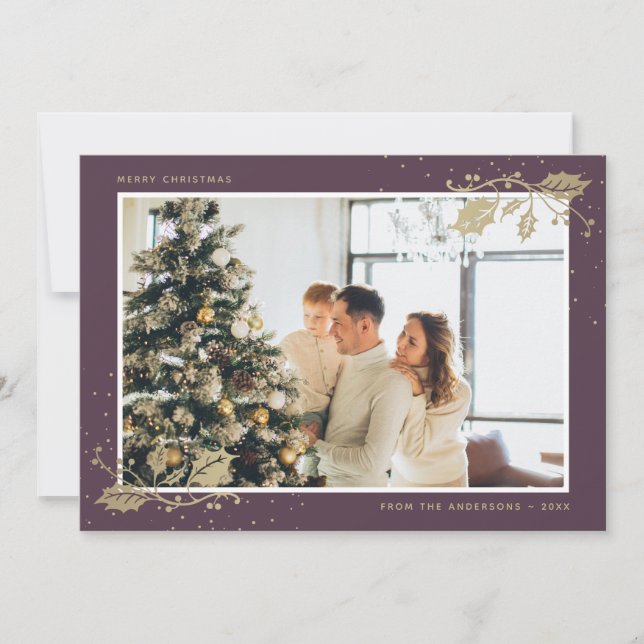 Elegant Purple Gold Photo Christmas Card (Front)