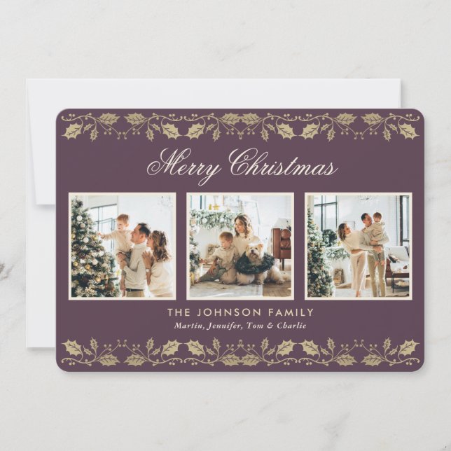 Elegant Purple Gold Photo Collage Christmas Card (Front)