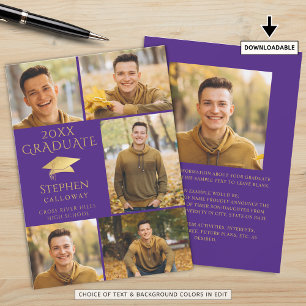 Elegant Purple Gold Photo Collage Graduate Announcement
