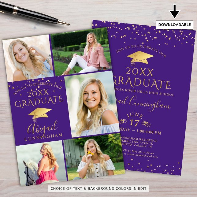 Elegant Purple Gold Photo Collage Graduate Invitation (Creator Uploaded)