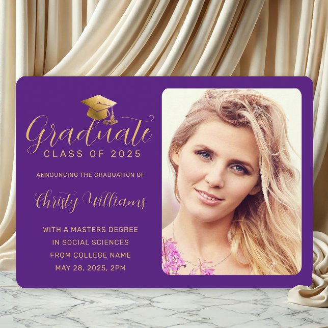 Elegant Purple Gold Photo College Graduation Announcement (Pur4ple and Gold Photo Graduation Announcement for College Grads)