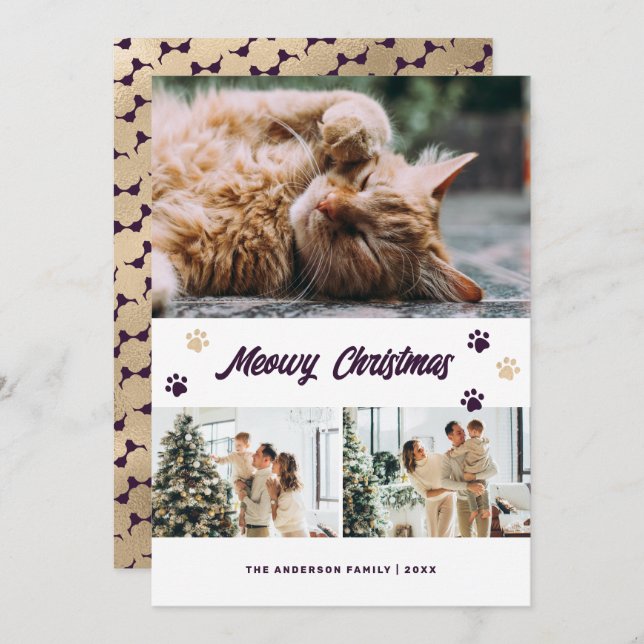 Elegant Purple Gold Photo Meowy Christmas Card (Front/Back)