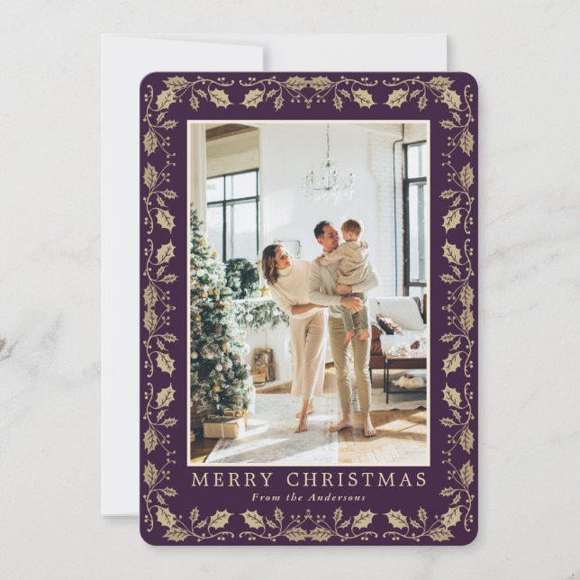 Elegant Purple Gold Photo Merry Christmas Card (Front)