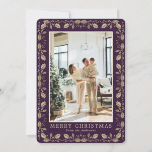 Elegant Purple Gold Photo Merry Christmas Card