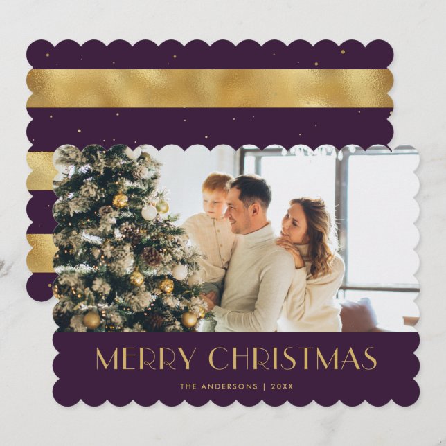 Elegant Purple Gold Photo Merry Christmas Card (Front/Back)