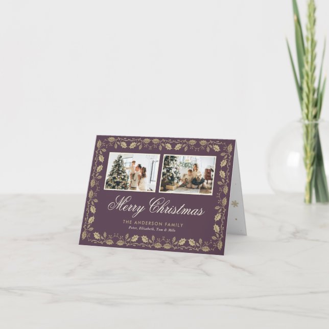 Elegant Purple Gold Photo Merry Christmas Folded Holiday Card (Front)