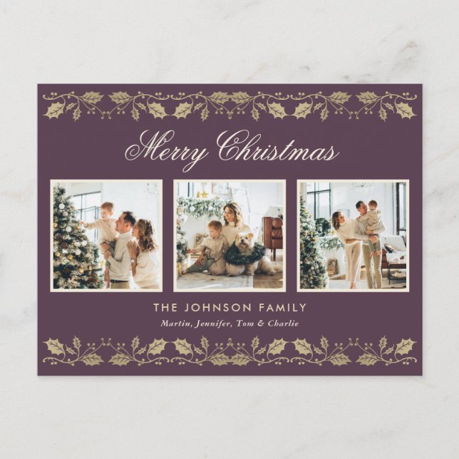 Elegant Purple Gold Photo Merry Christmas Holiday Postcard (Front)