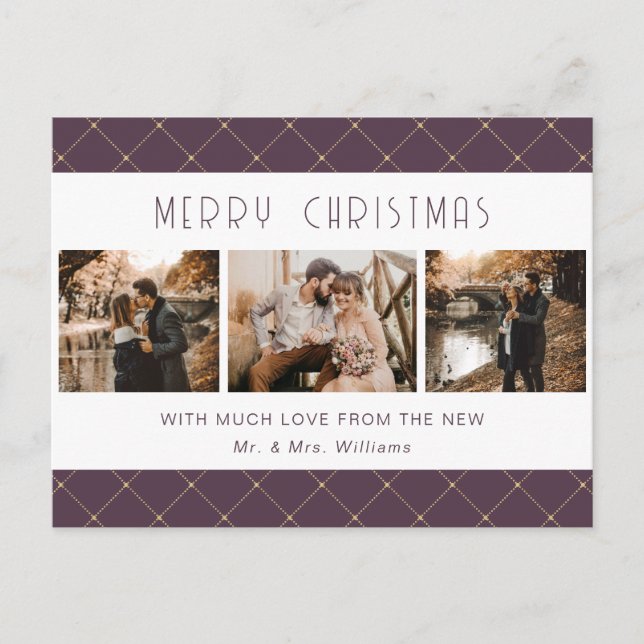 Elegant Purple Gold Photo Newlywed Holiday Postcard (Front)