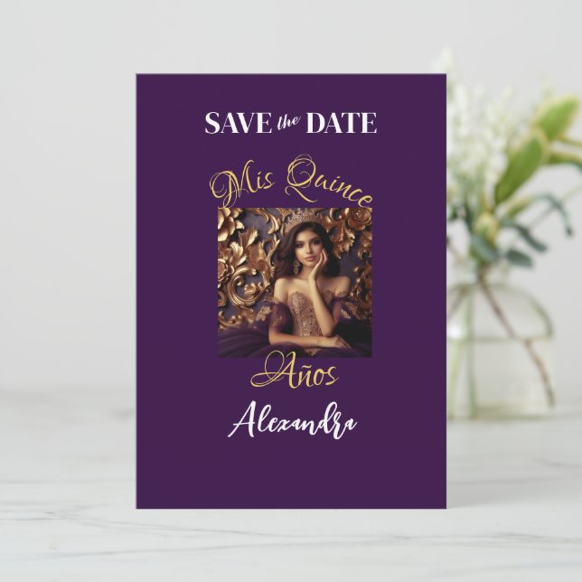 Elegant Purple Gold Photo Quinceañera Spanish  Save The Date (Standing Front)