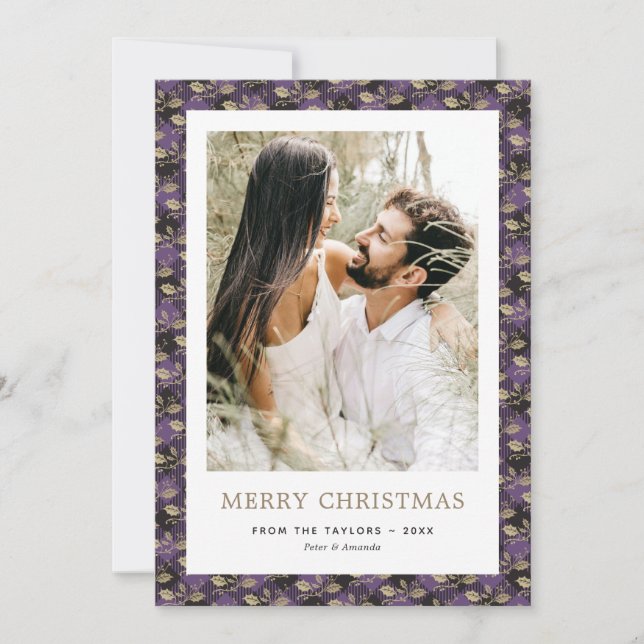 Elegant Purple Gold Plaid Holly Photo Christmas Holiday Card (Front)