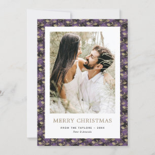 Elegant Purple Gold Plaid Holly Photo Christmas Holiday Card