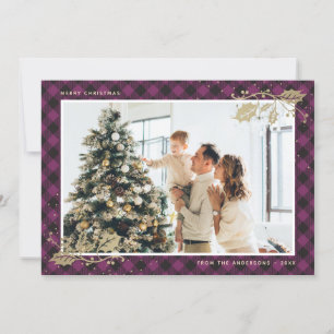 Elegant Purple Gold Plaid Photo Christmas Cards