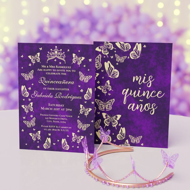 Elegant Purple Gold Quinceanera Tiara Butterfly Invitation (Elegant Purple Gold Quinceanera Tiara Butterfly Invitation)