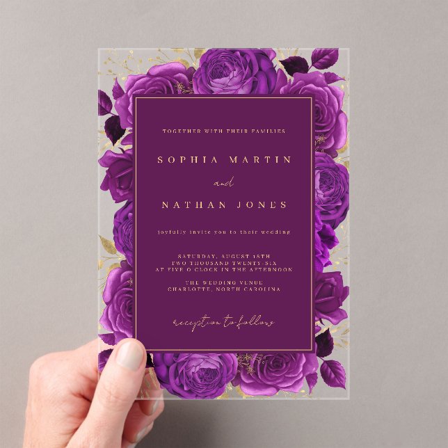 Elegant Purple Gold Rose Clear Wedding Acrylic Invitations (Insitu (Handheld))