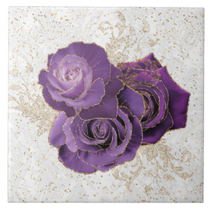 Elegant Purple Gold Rose Floral Tile
