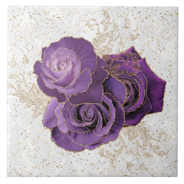 Elegant Purple Gold Rose Floral Tile (Front)