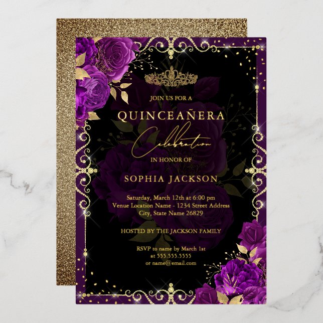 Elegant Purple Gold Rose Quinceanera  (Front/Back)