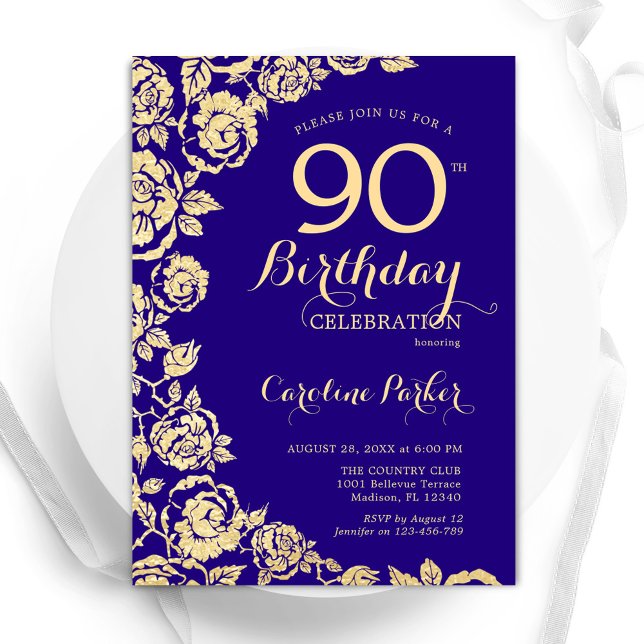 Elegant Purple Gold Roses 90th Birthday Invitation (Creator Uploaded)