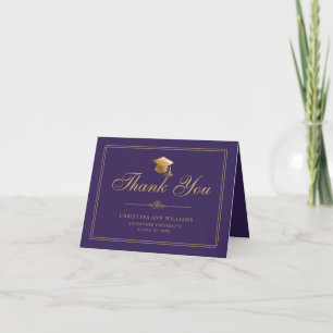 Elegant Purple Gold Script Cap Graduation Thank You Card