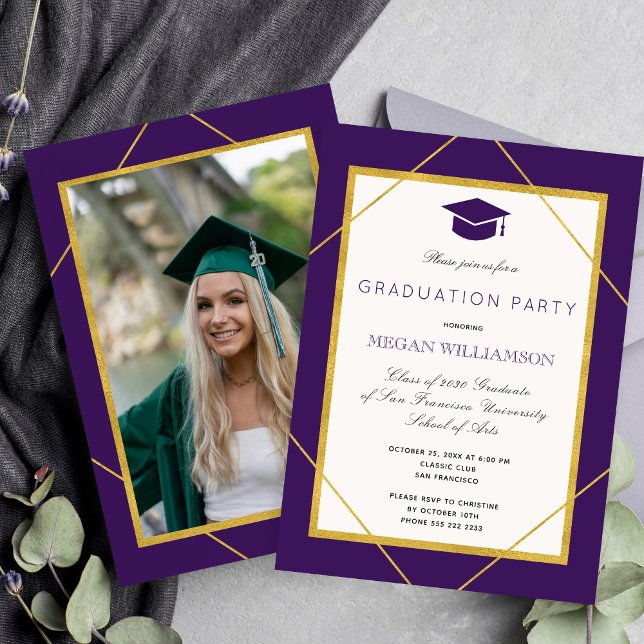 Elegant purple gold script graduation party invitation (Creator Uploaded)