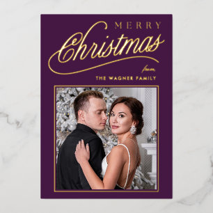 Elegant Purple & Gold Script Merry Christmas Photo Foil Holiday Card