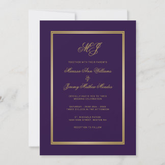 Elegant Purple Gold Script Monogram Wedding Invitation