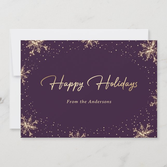 Elegant Purple Gold Script Snowflake Holiday Card (Front)