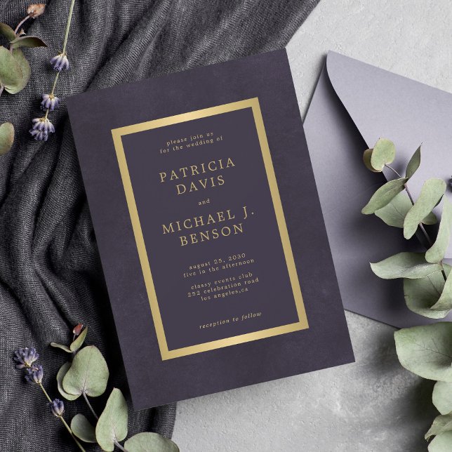 Elegant purple gold simple typography wedding invitation (Creator Uploaded)
